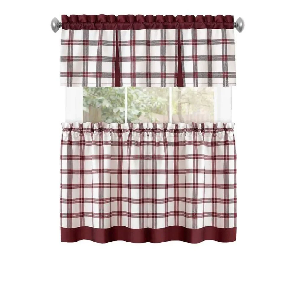 PowerSellerUSA Semi-Sheer Two-Tone Modern Kitchen Curtain with Classic Plaid